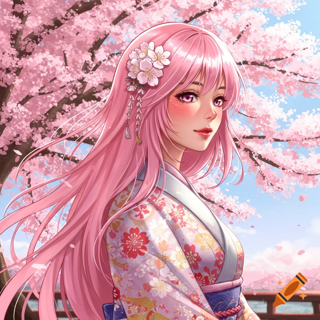 A girl with pink hair in a kimono under cherry blossom trees.