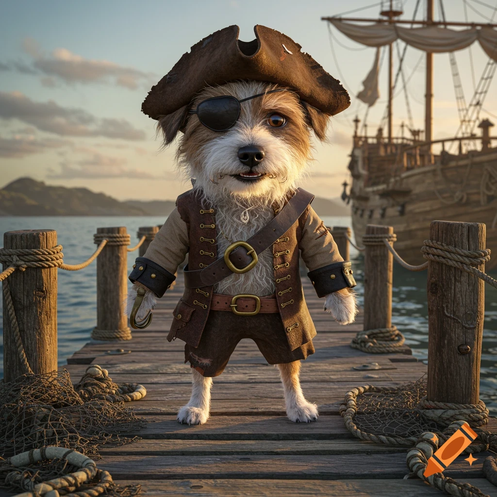 A small fluffy dog dressed as a pirate stands on a dock with a ship in the background.