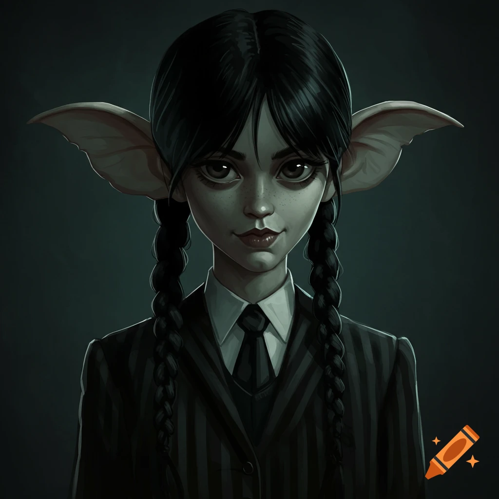 Portrait of a character resembling Wednesday Addams with large ears, wearing a striped suit and braids.