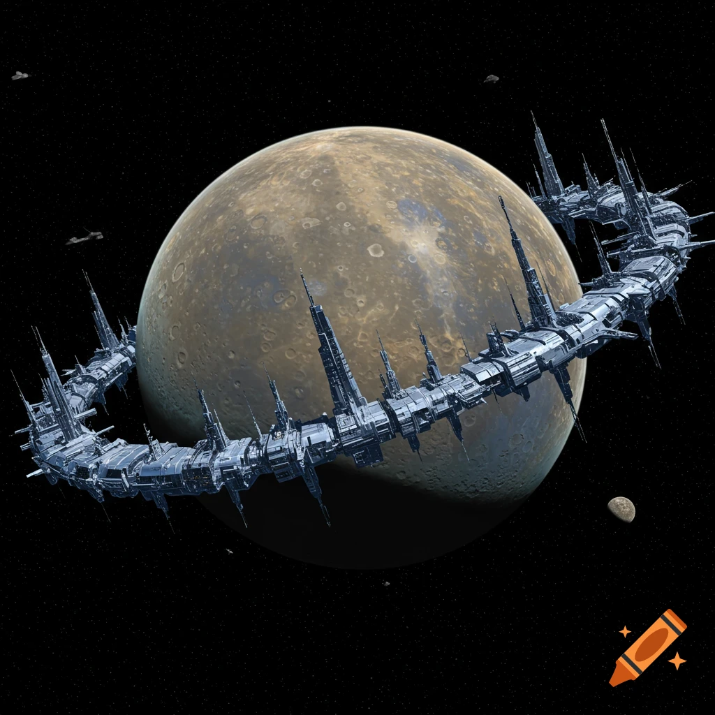 A large ring-like space station orbits a cratered planet in space.