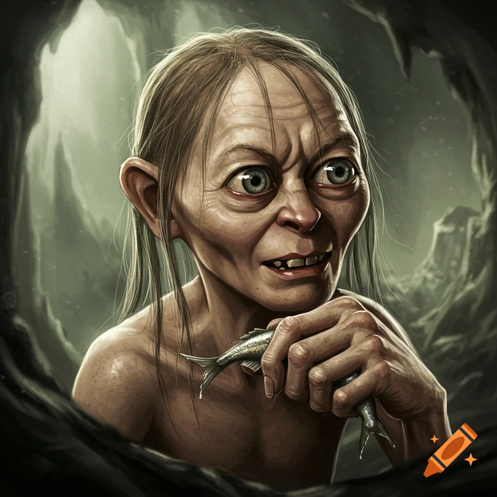 Gollum holding two fish in a cave.