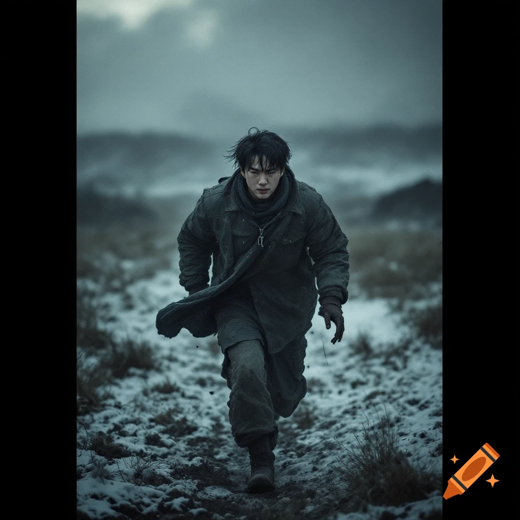 A person in ripped winter clothes runs through a snowy field.