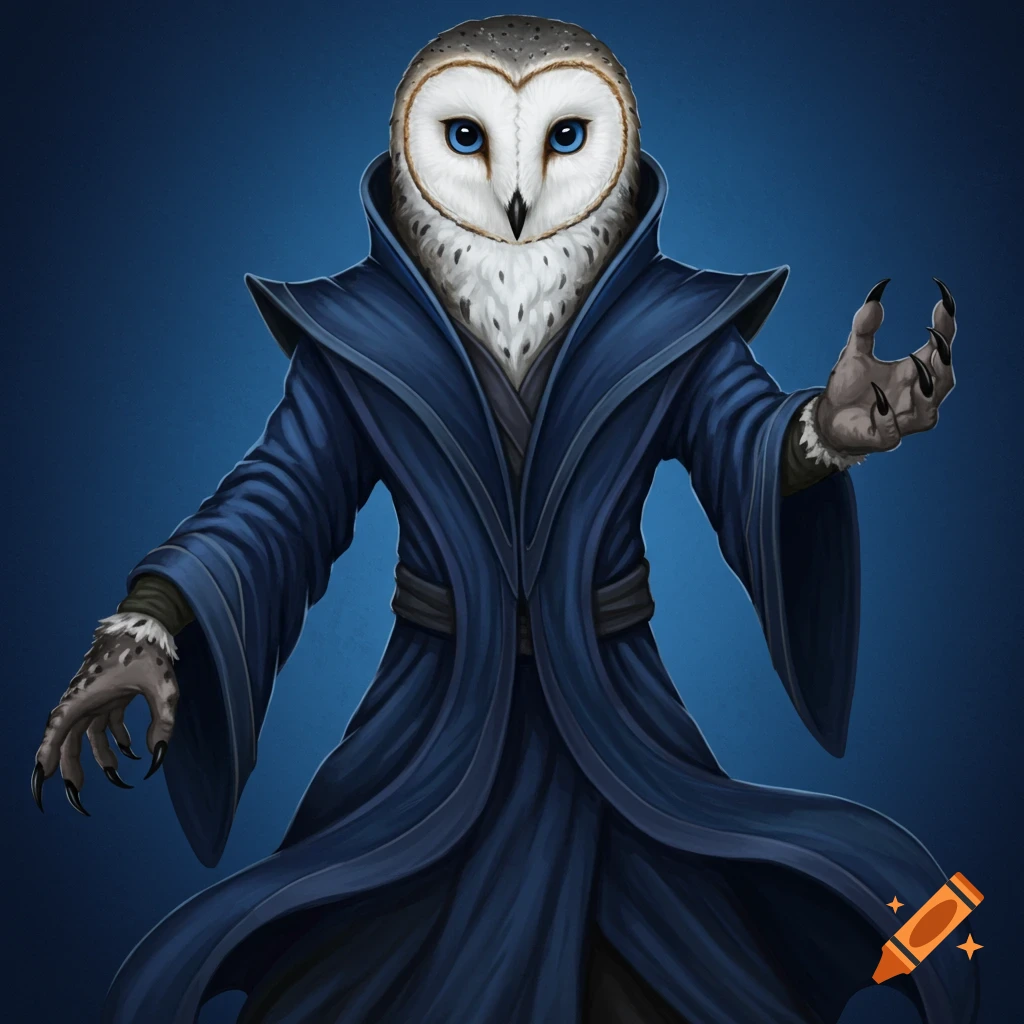 An Owlin (humanoid owl) from Dungeons & Dragons, wearing blue sorcerer robes, with clawed hands outstretched.