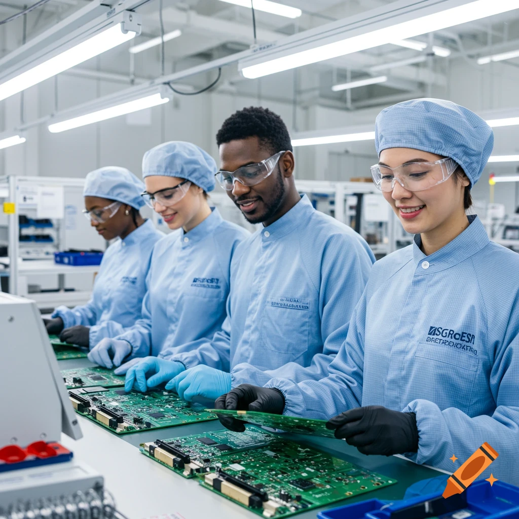 Four diverse workers assemble circuit boards in a clean, bright electronics factory.