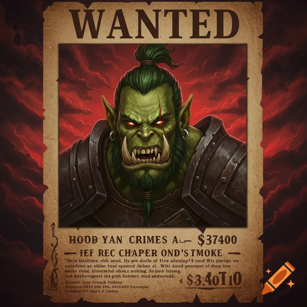 A wanted poster featuring an angry green-skinned orc.