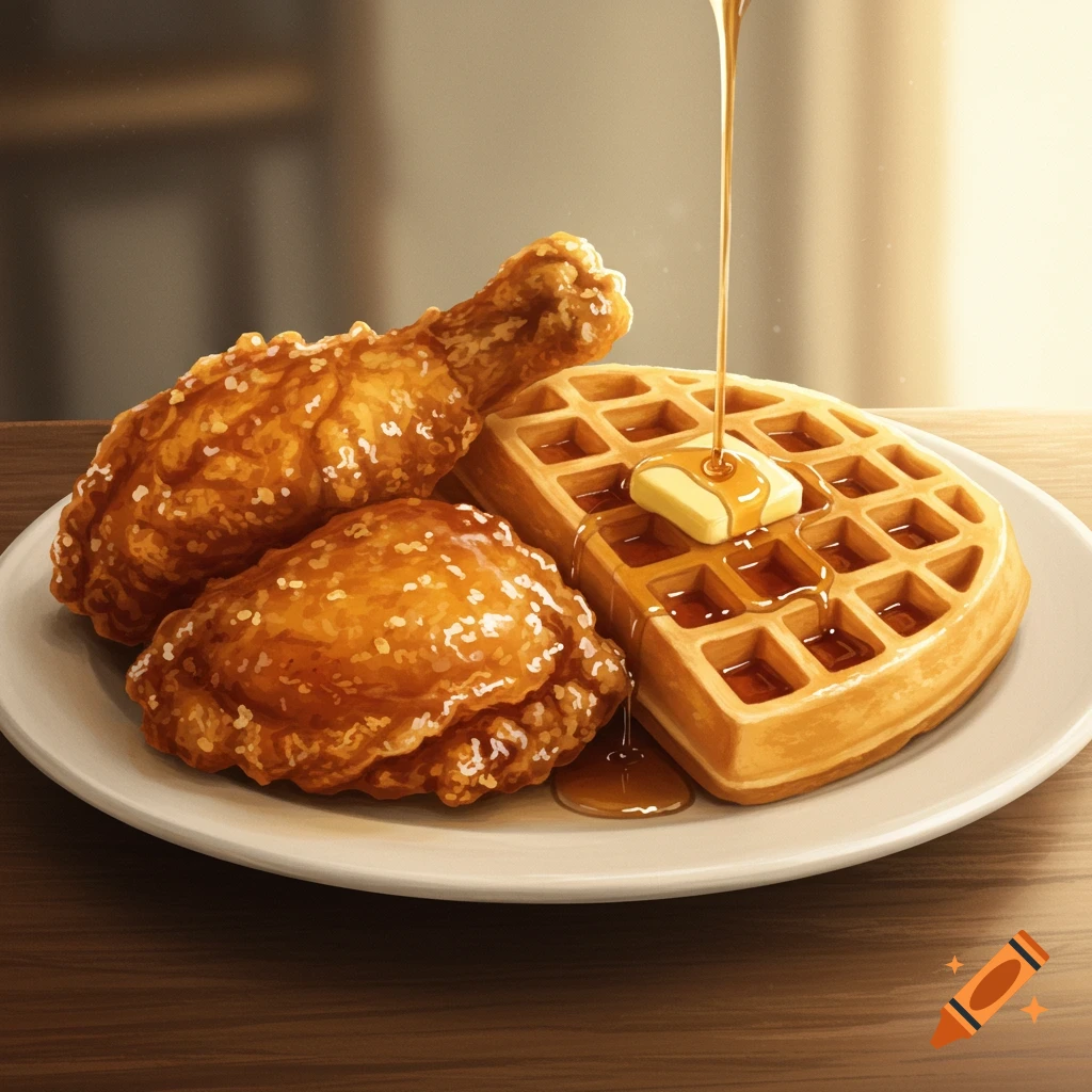 Chicken and waffles with syrup being poured.