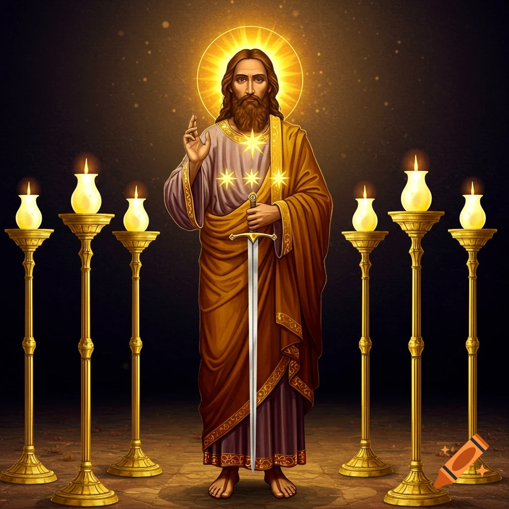 A robed figure resembling Jesus holds a sword, surrounded by seven golden lampstands and a halo.