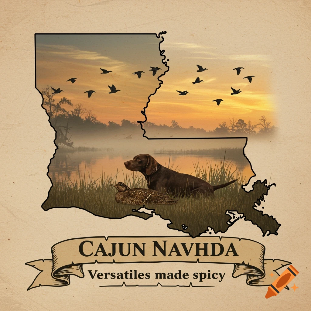 Logo design featuring the outline of Louisiana with a bayou sunrise scene, a dog, a duck, and birds flying inside. A banner below reads "CAJUN NAVHDA Versatiles made spicy."
