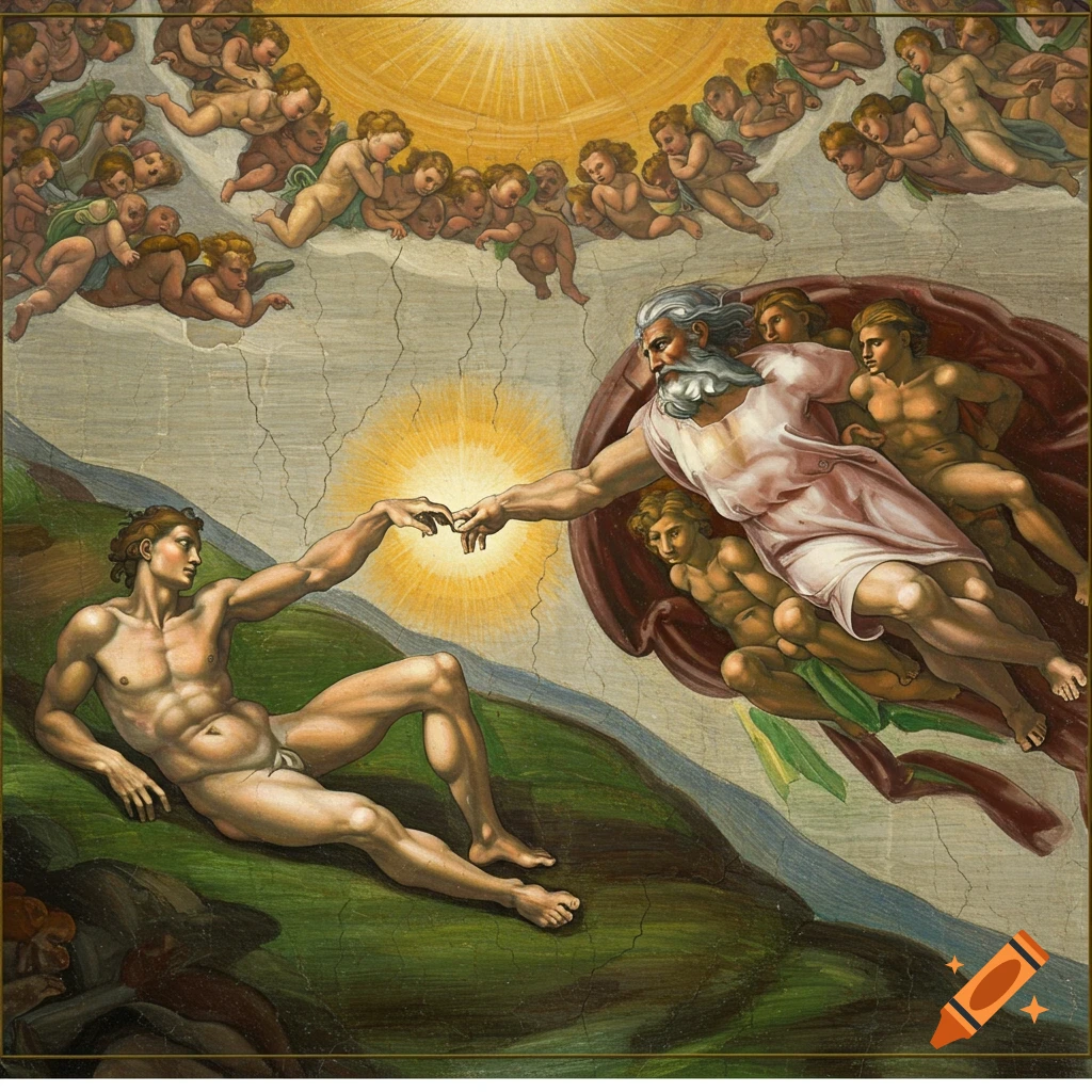 The Creation of Adam, showing God reaching towards Adam's hand.