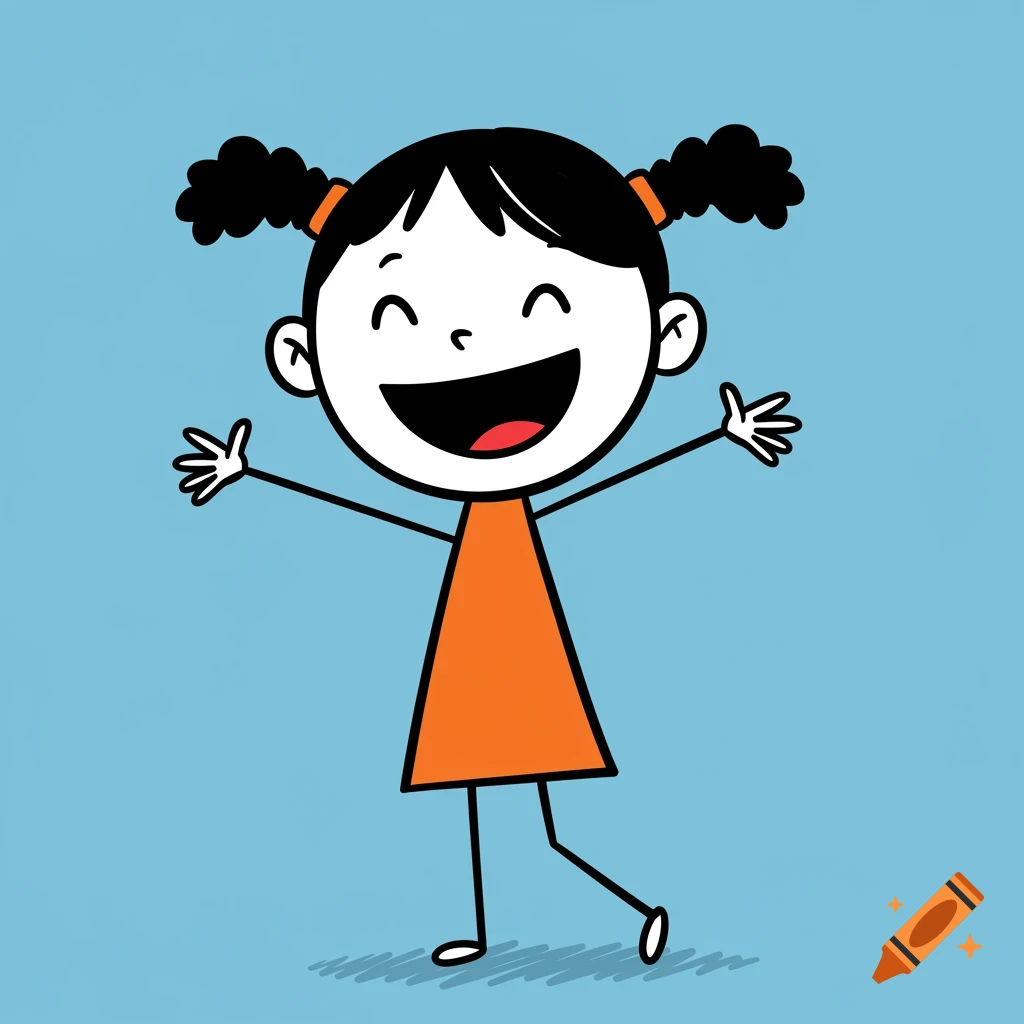 A cheerful stick figure girl with pigtails and an orange dress stands with arms outstretched against a blue background.