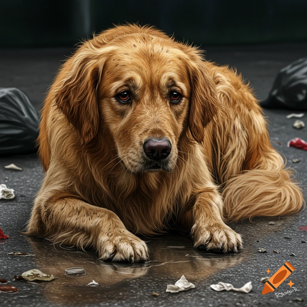 A sad golden retriever lies in scattered trash on a wet street.