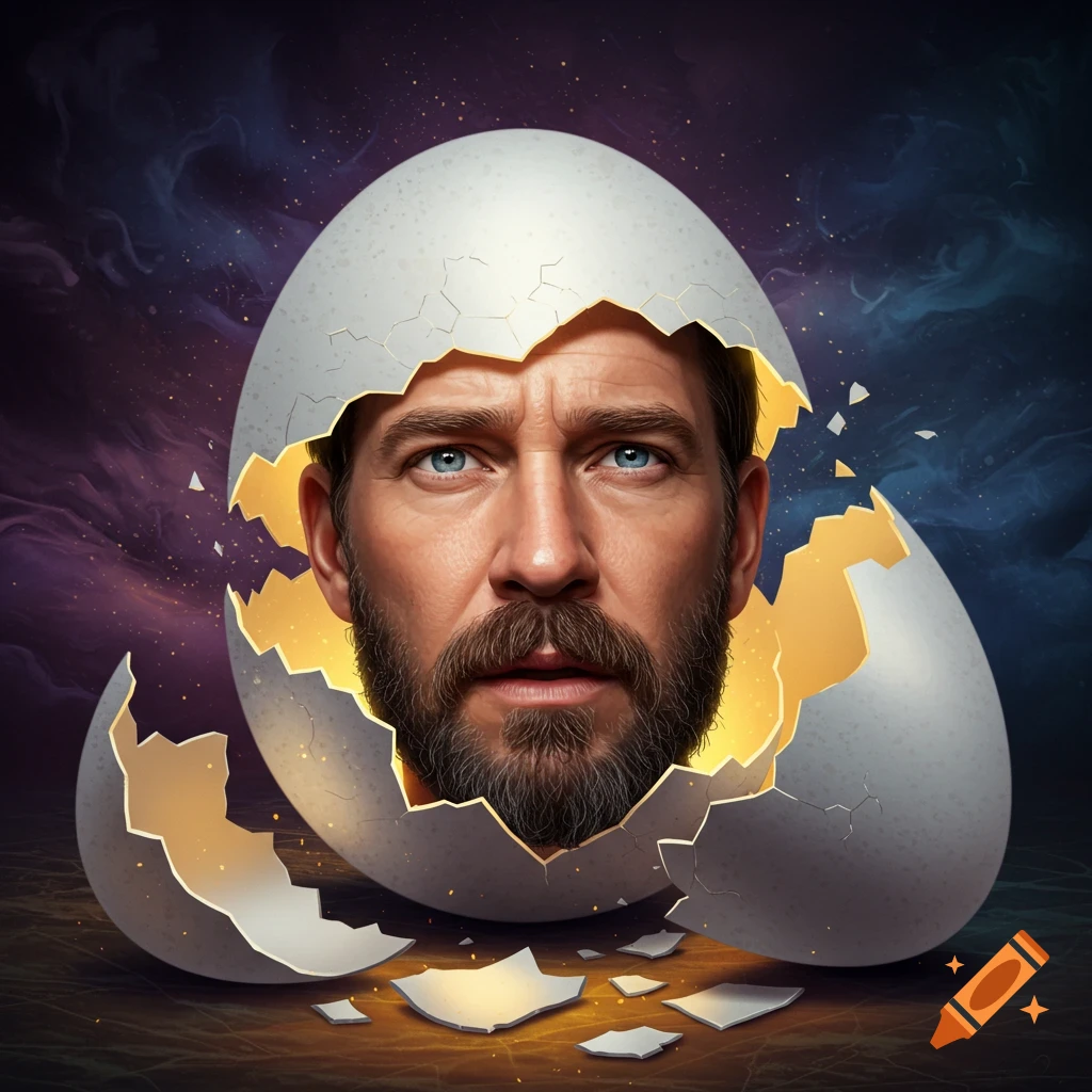 A man's face with a beard and blue eyes hatching from a cracked egg.