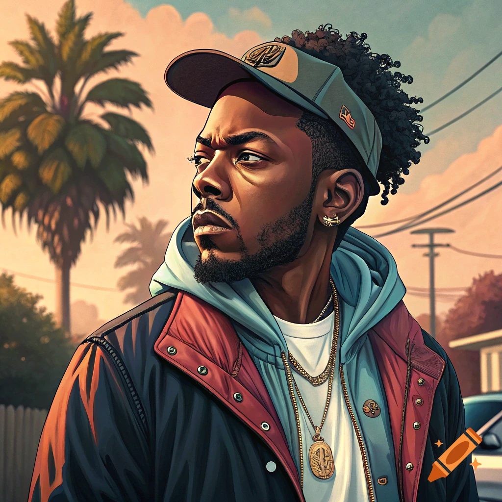 Illustration of a man in a cap and jacket wearing gold necklaces, looking left, with palm trees and utility poles in the background.