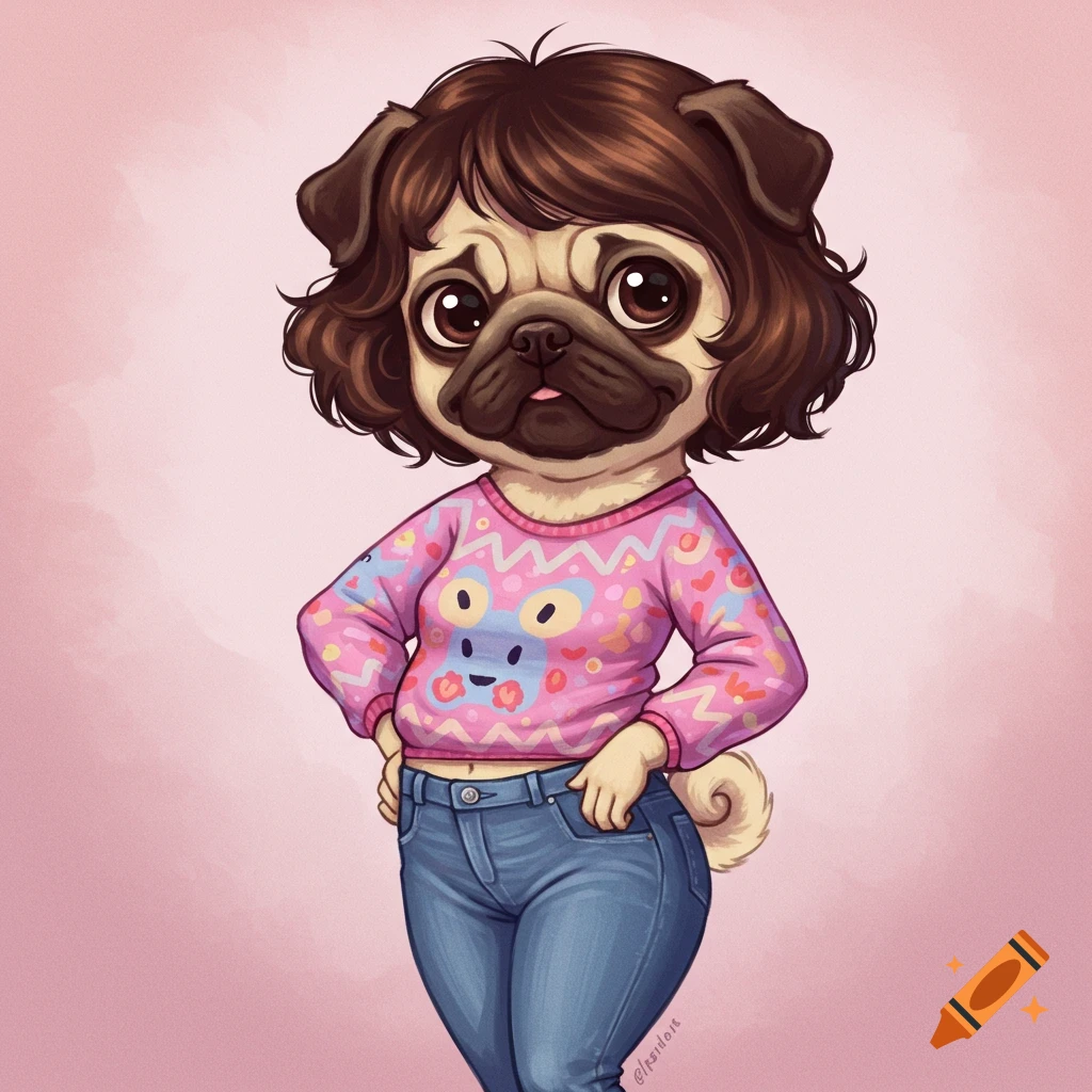 A pug character wearing a pink sweater and jeans stands with hands on hips.
