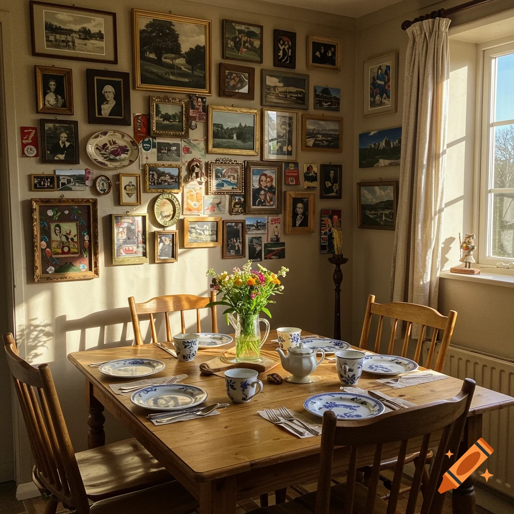 A sunlit dining table set with dishes in a room with an eclectic gallery wall of framed pictures and art.