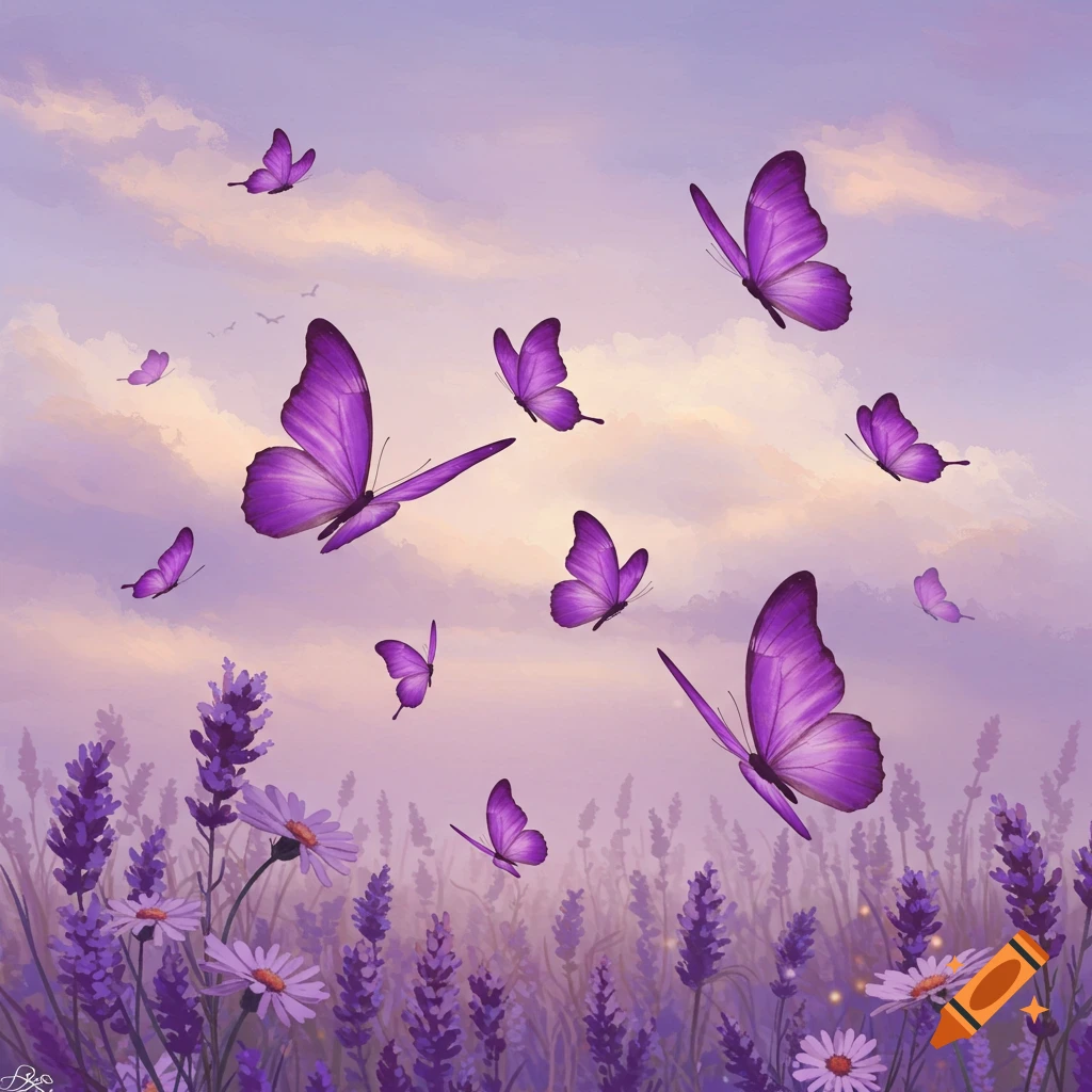 Purple butterflies fly over lavender flowers under a cloudy sky.