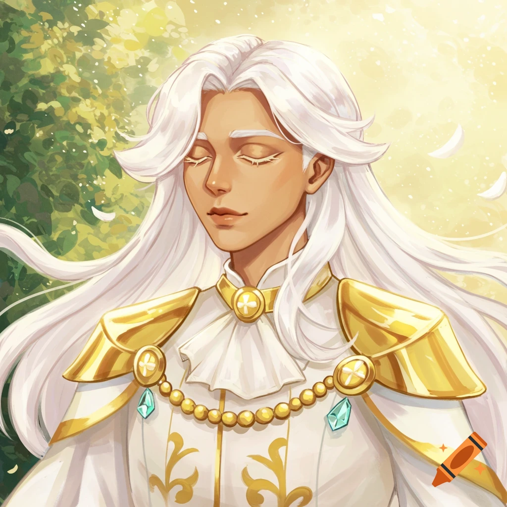 A character with long white hair and elaborate white and gold fantasy clothing is shown against a green and yellow background.