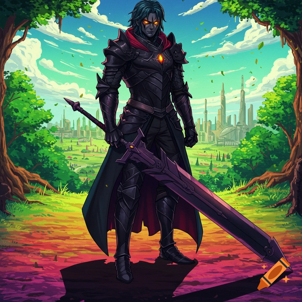 A dark armored figure with glowing eyes stands with a large sword in a fantasy landscape with futuristic buildings.