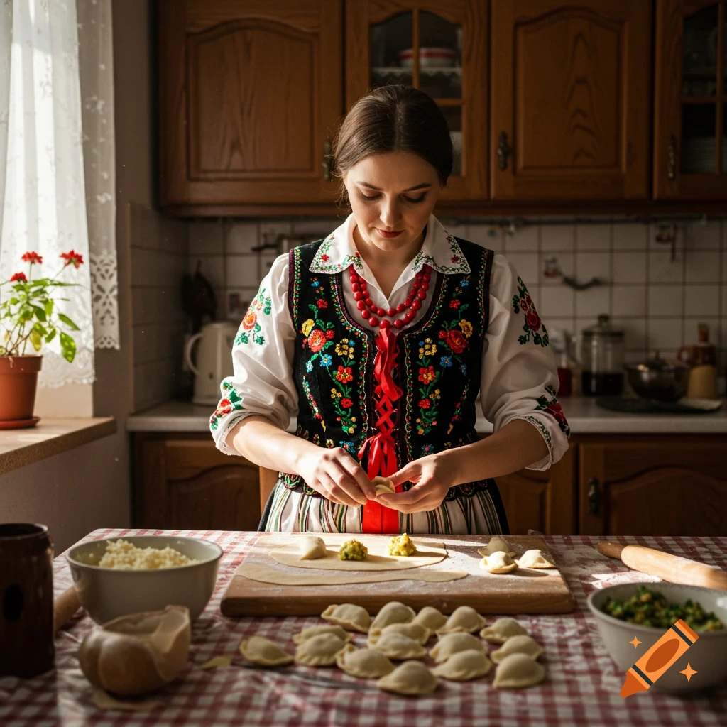 Polish woman in traditional dress making pierogi in a kitchen.