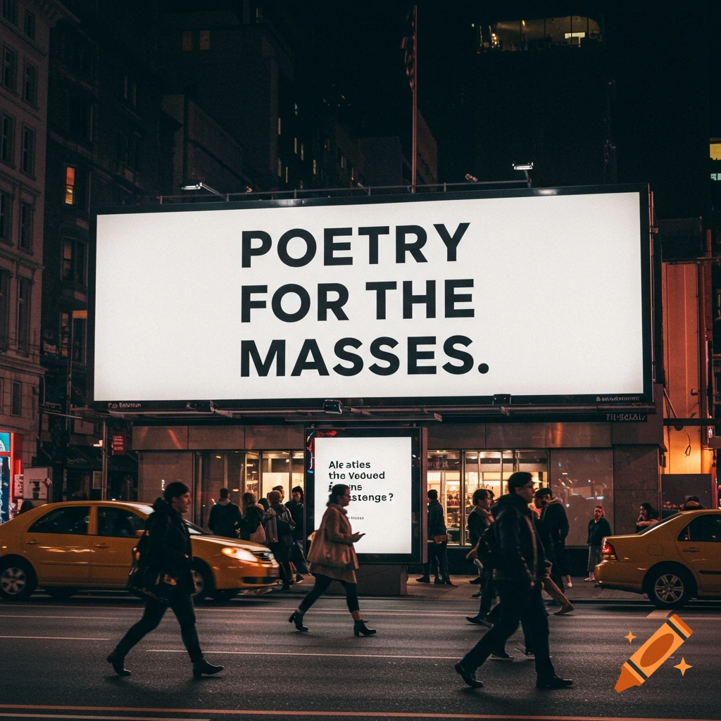 A night street scene with people walking and cars passing by large billboards, one displaying 'Poetry for the Masses'. Photorealistic style.