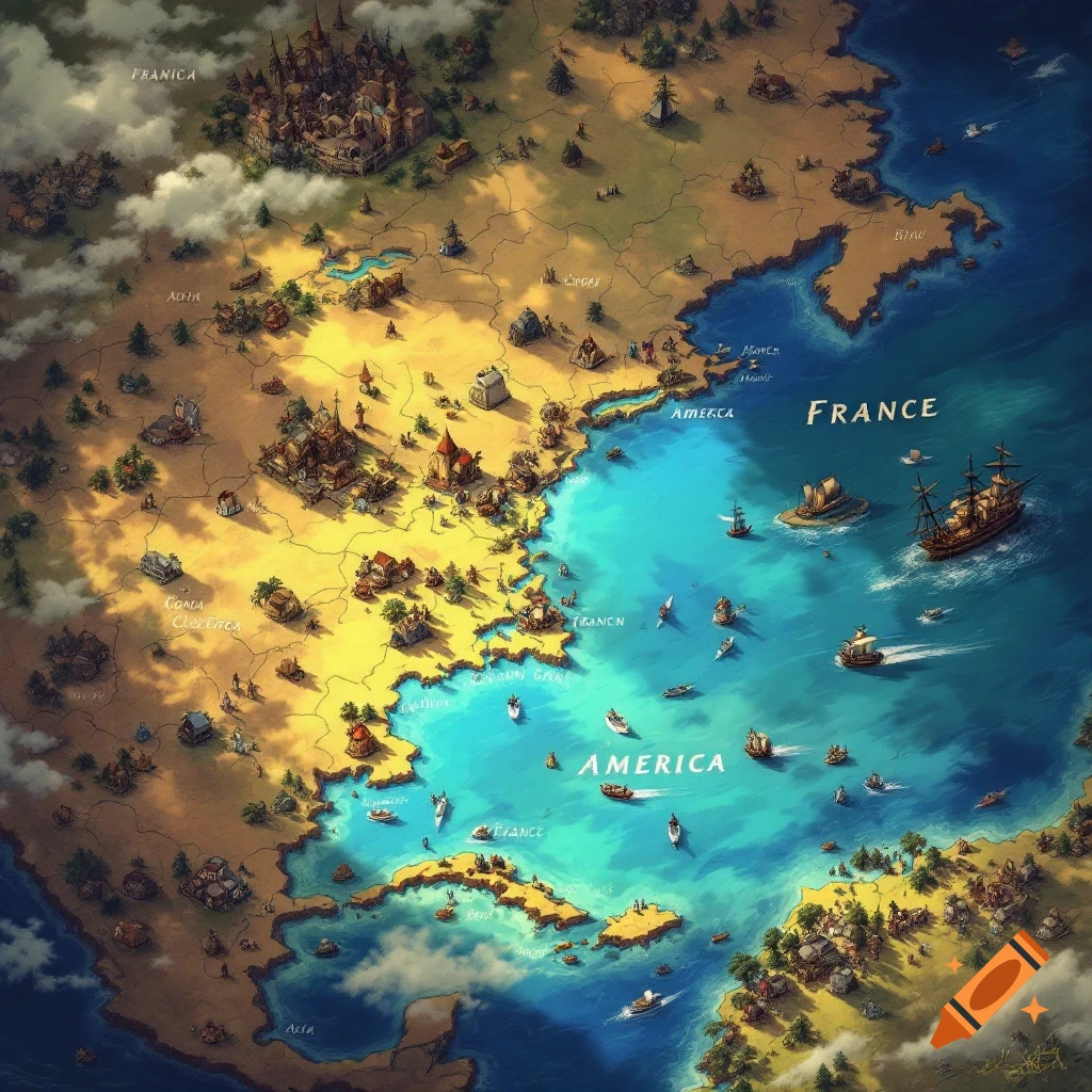 A historical-style map showing land, sea, ships, and settlements.