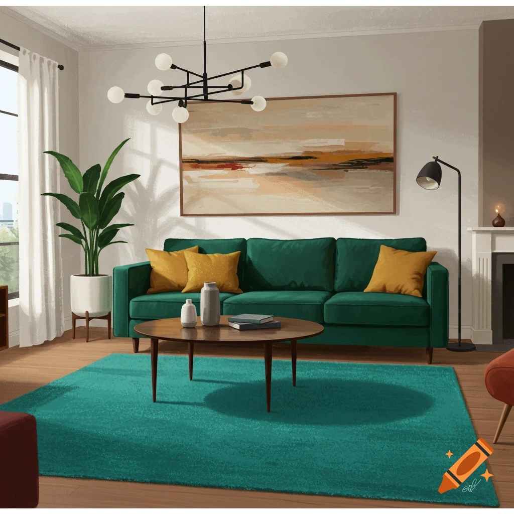 A modern living room with a green sofa, teal rug, coffee table, floor lamp, and abstract artwork.