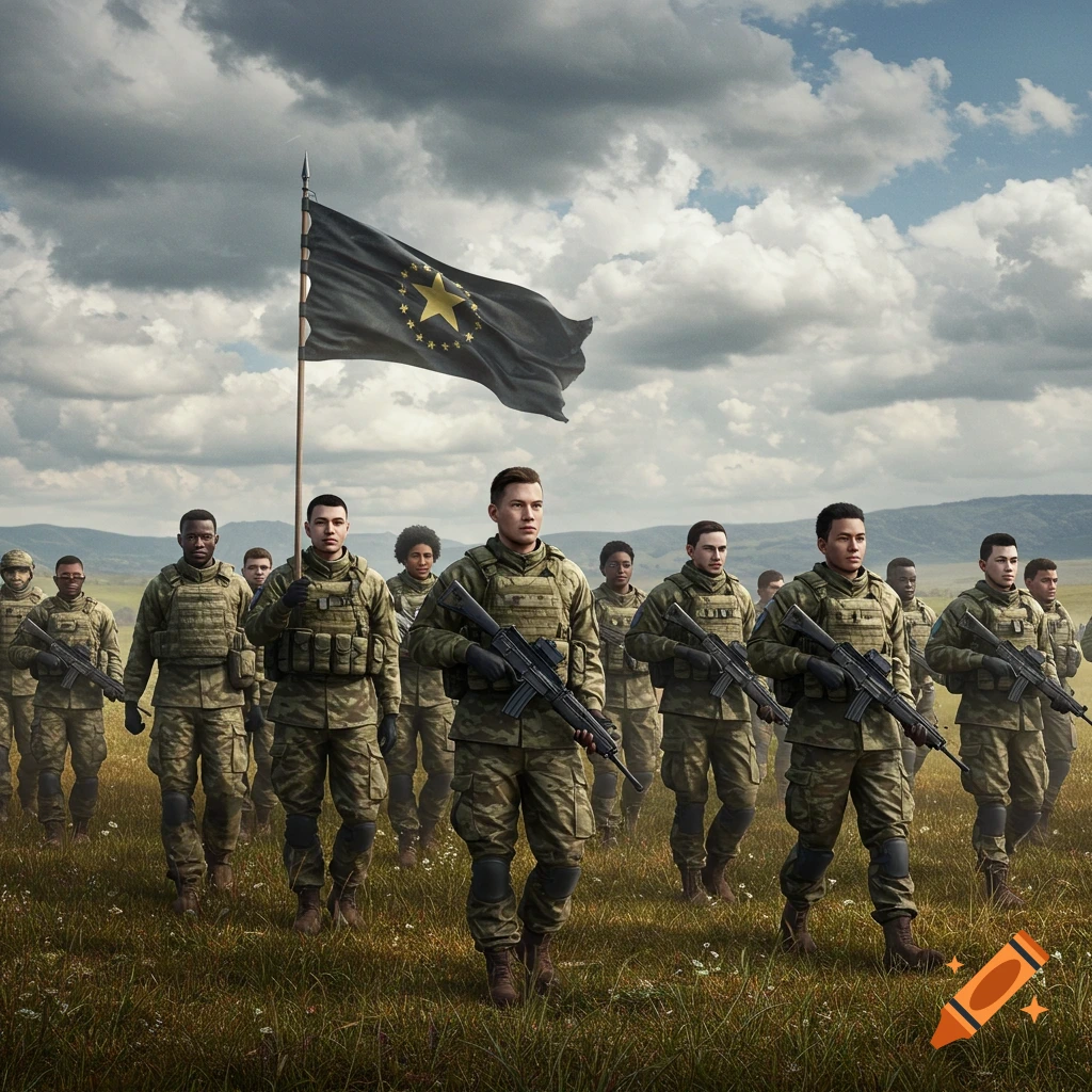 Soldiers marching in a field holding rifles, with a flag.