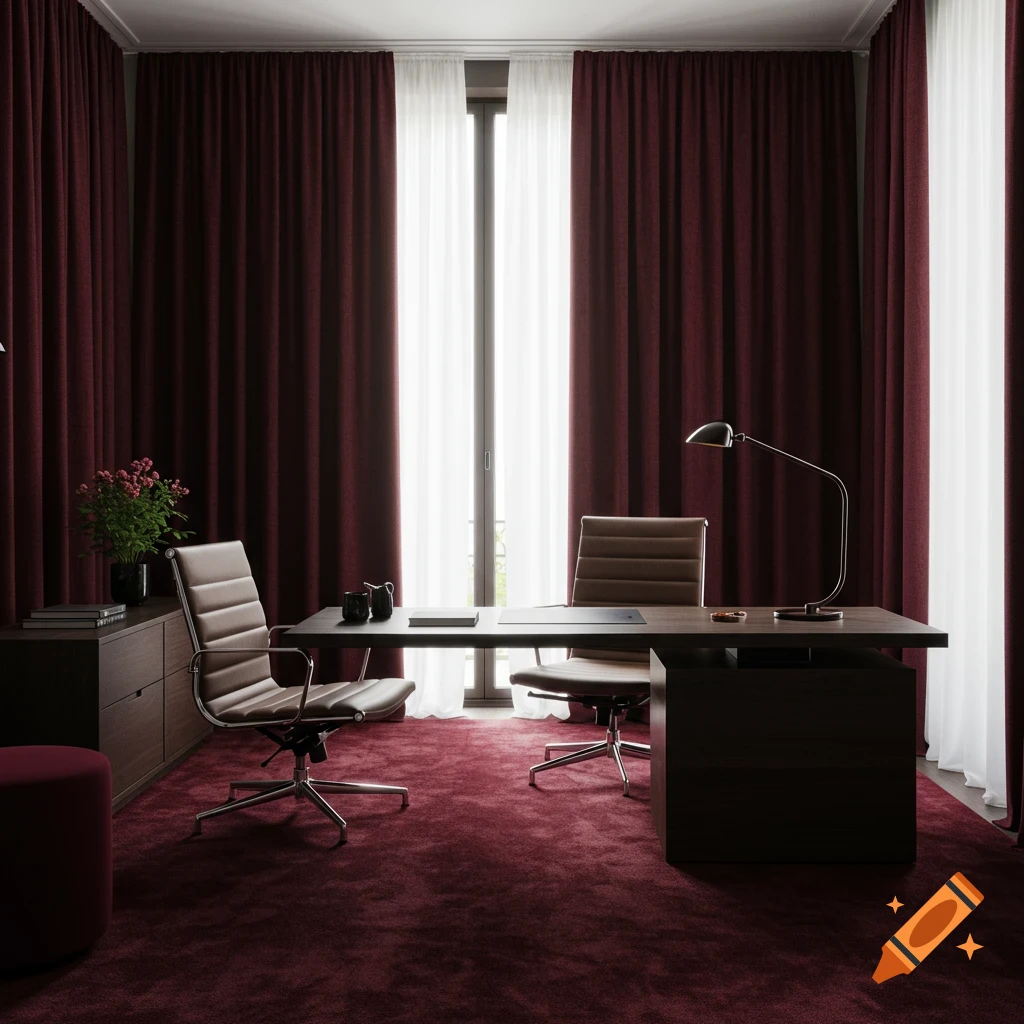 An elegant office with burgundy carpet and curtains, featuring a dark wood desk and leather chairs.