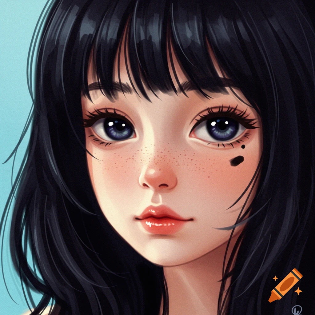 A girl with black hair, freckles, and large eyes.