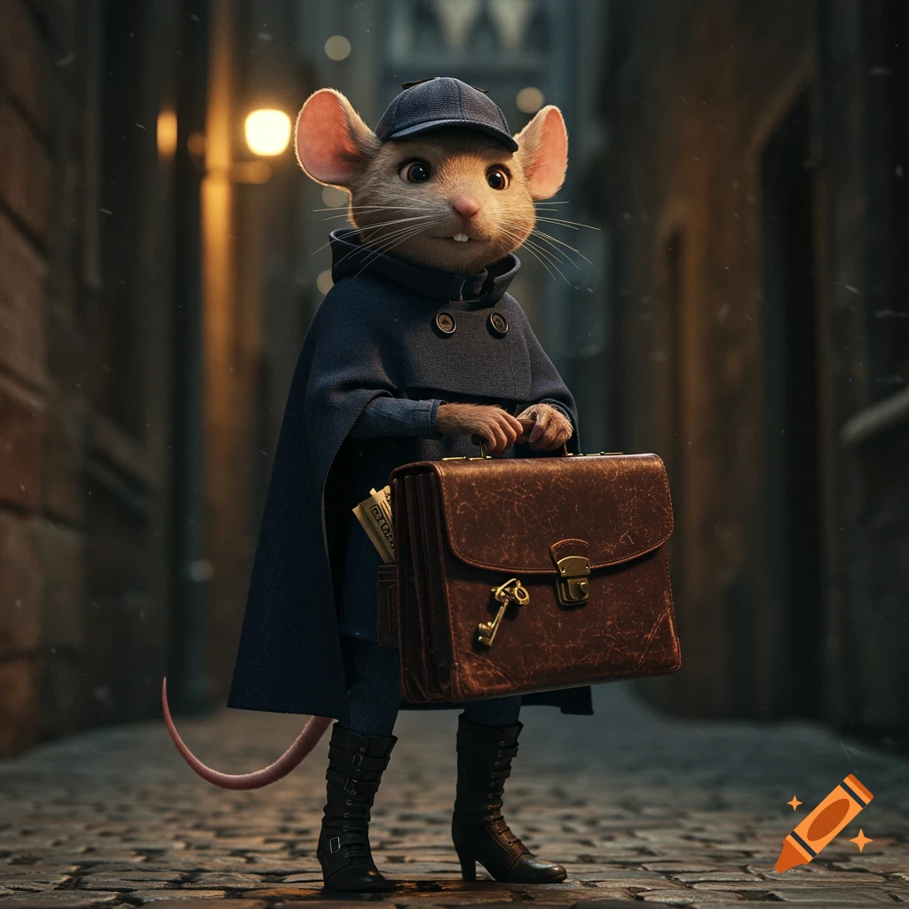 Photorealistic image of an anthropomorphic mouse detective in a cape and cap holding a briefcase on a street
