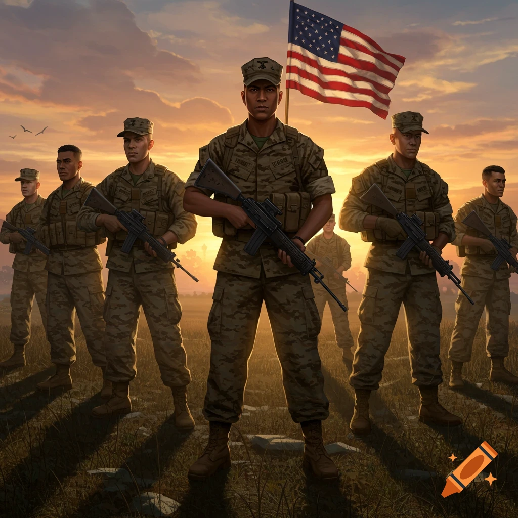 Multiple soldiers in military uniform stand with rifles and an American flag at sunset.