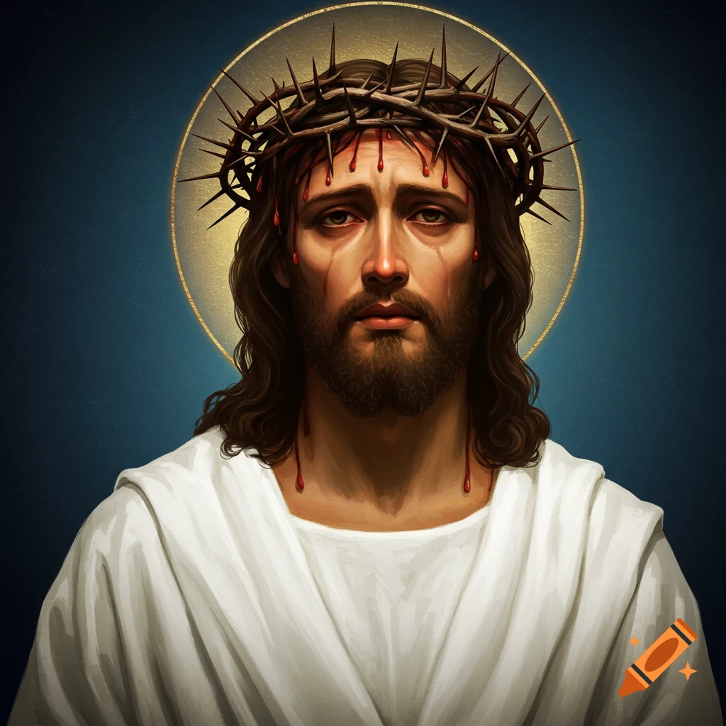portrait of Jesus Christ wearing a crown of thorns with blood dripping and a white robe, against a blue background with a golden halo.