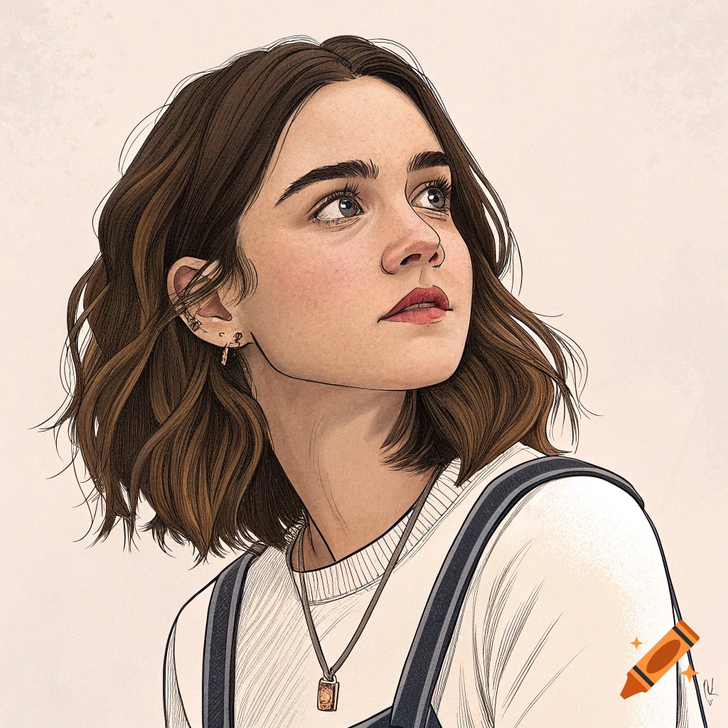 Illustration of a young woman with brown hair looking up