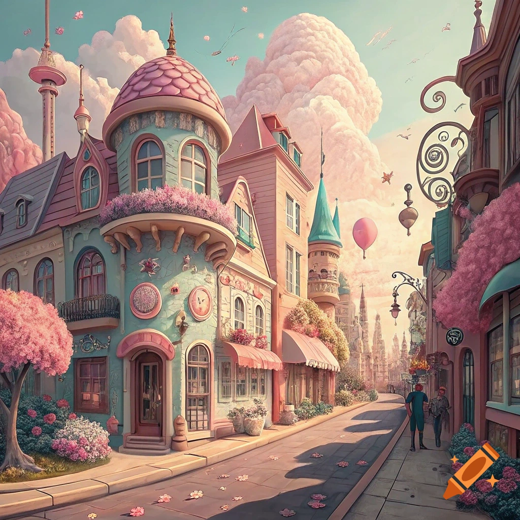 A whimsical street scene with pastel, dollhouse-like buildings adorned with flowers under a cloudy pink sky. People walk down the street.