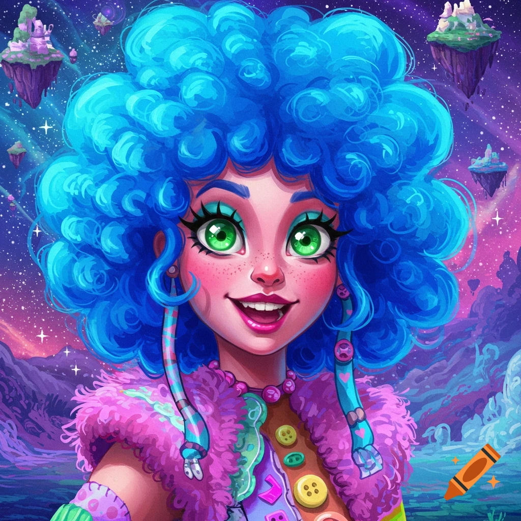 Colorful clowngirl with pink hair holding cotton candy, surrounded by ...