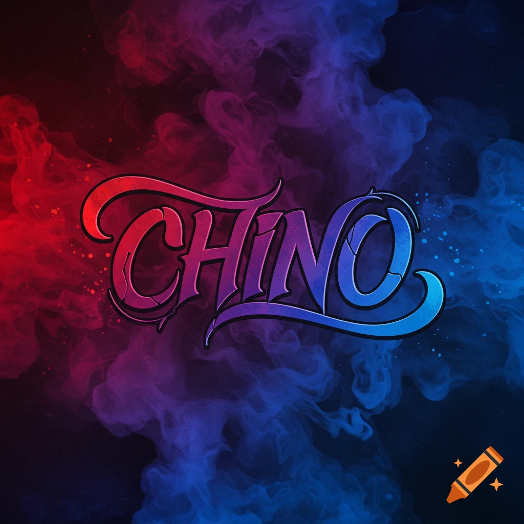 Stylized text 'CHINO' with red and blue smoke background