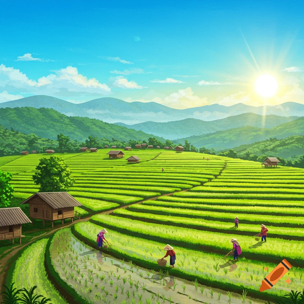 Farmers working in lush green rice terraces with houses, mountains, and a bright sun.