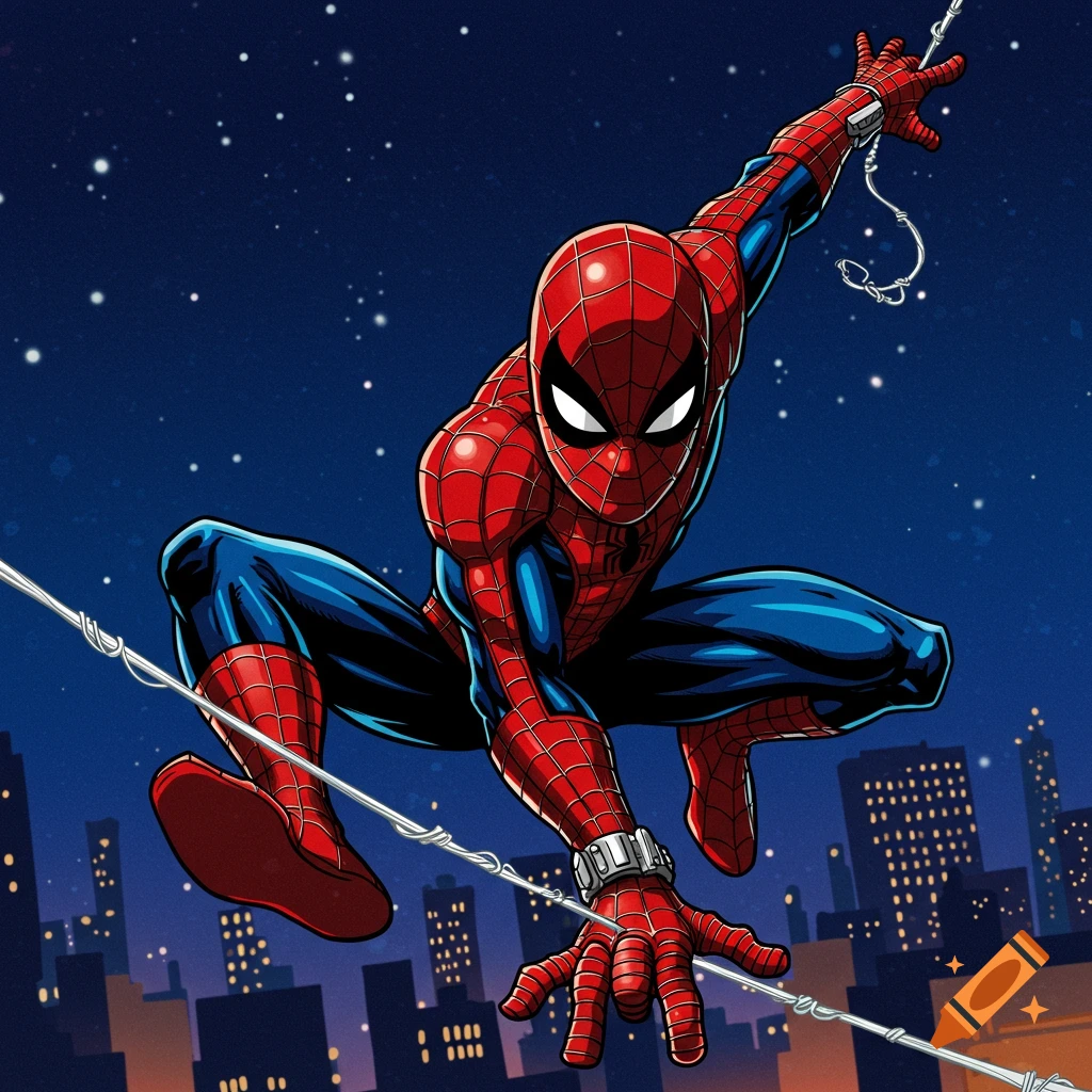 Spider-Man crouches on a web line above a city skyline at night.