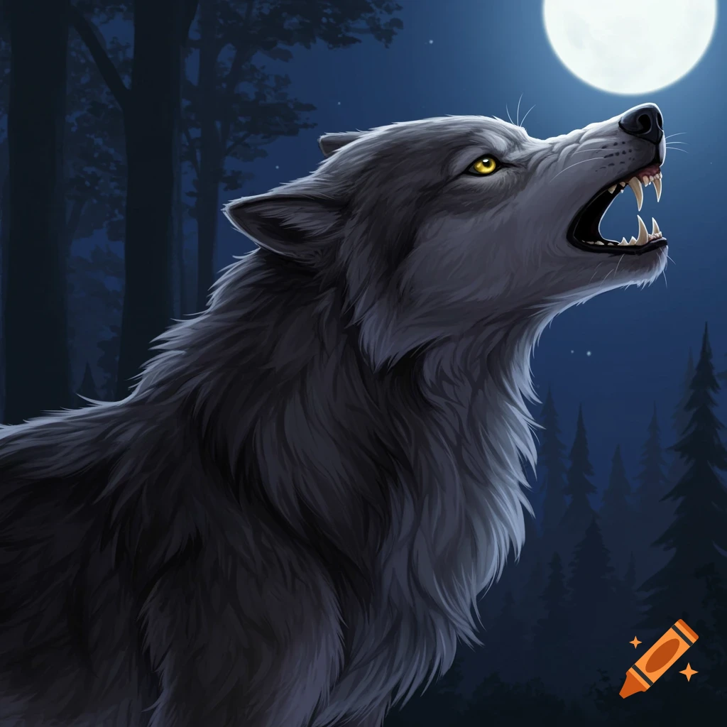 A grey wolf howls at a full moon in a dark forest at night. Digital illustration.