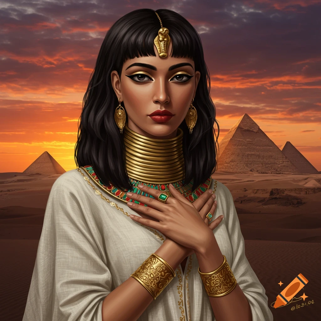 An Egyptian woman in ancient attire standing before pyramids at sunset.