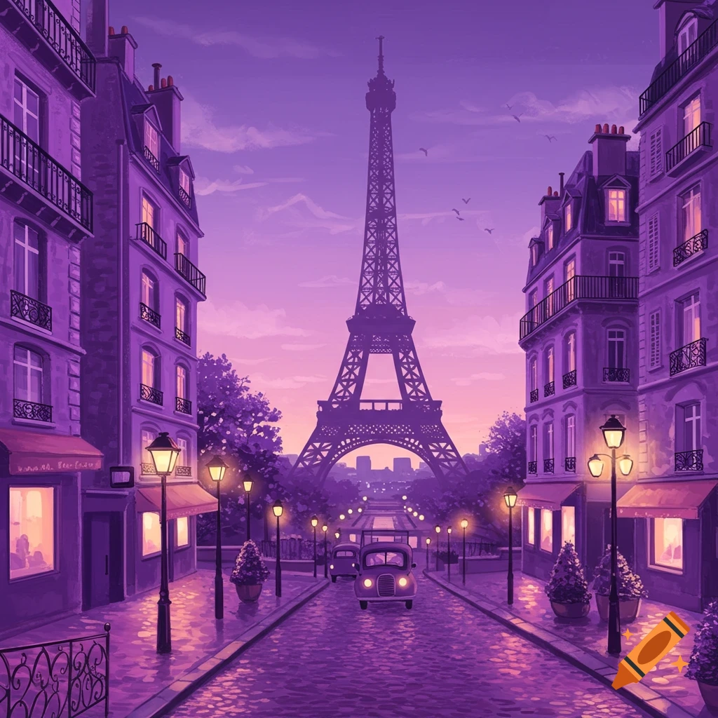 A purple-toned street in Paris with the Eiffel Tower visible in the distance.