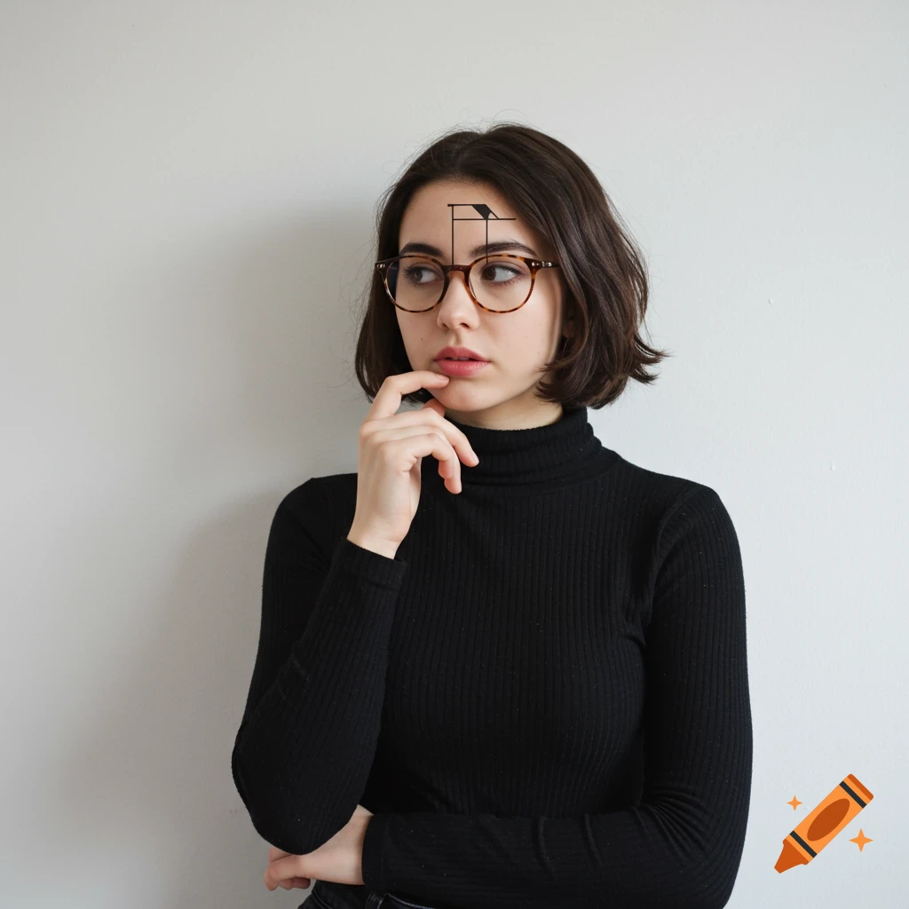 Woman in black turtleneck and glasses with geometric symbol on forehead