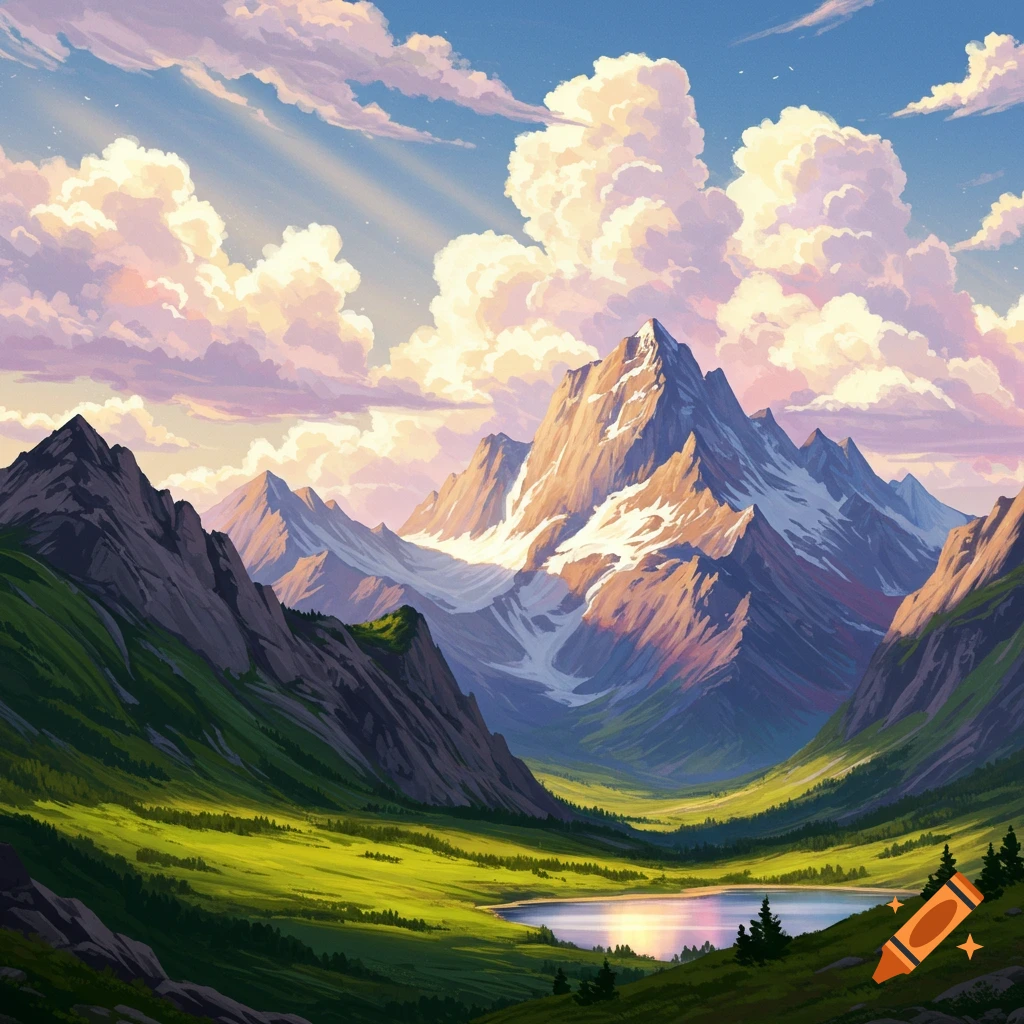 A vibrant mountain valley with a lake under a cloudy sky.