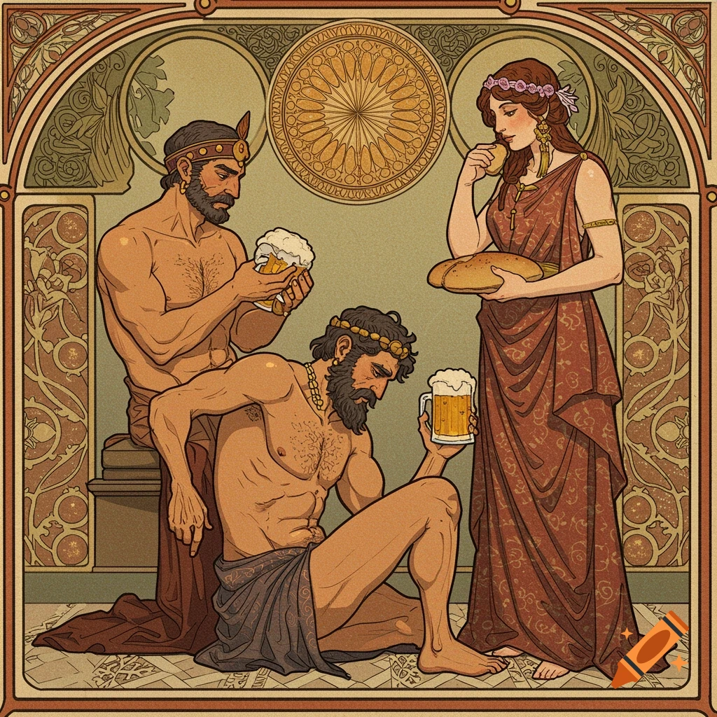 Art Nouveau illustration of figures from the Epic of Gilgamesh drinking beer and eating bread.