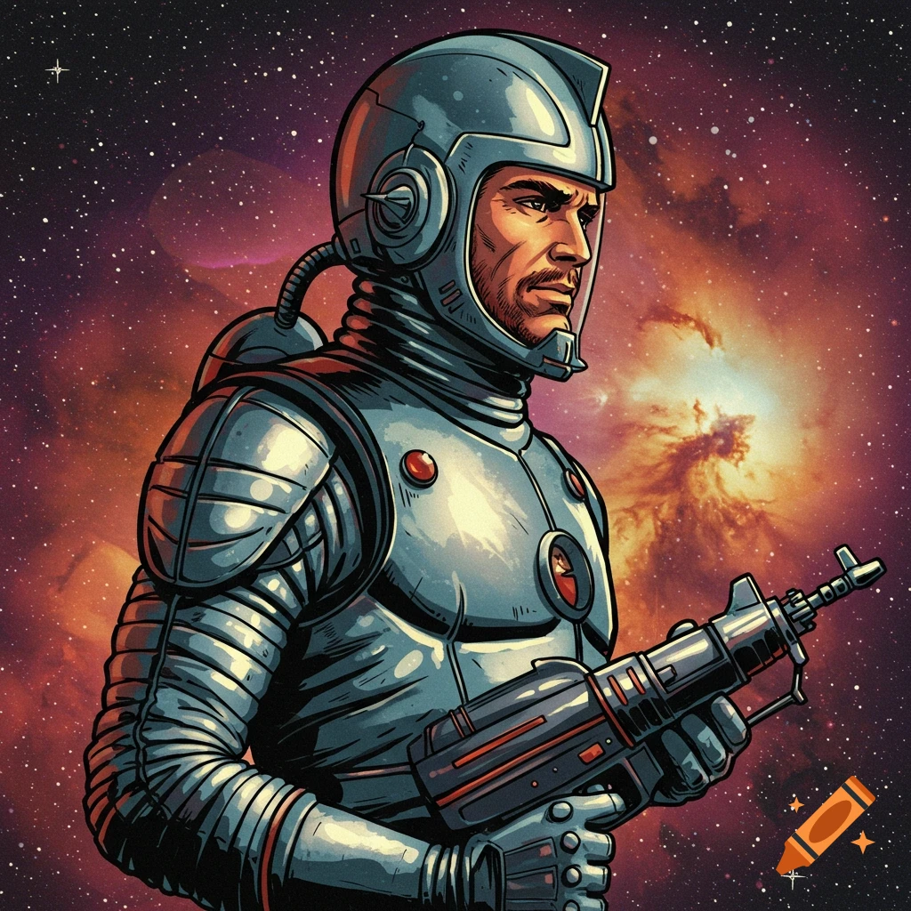 A man in a retro sci-fi spacesuit holds a gun in front of a colorful space nebula.