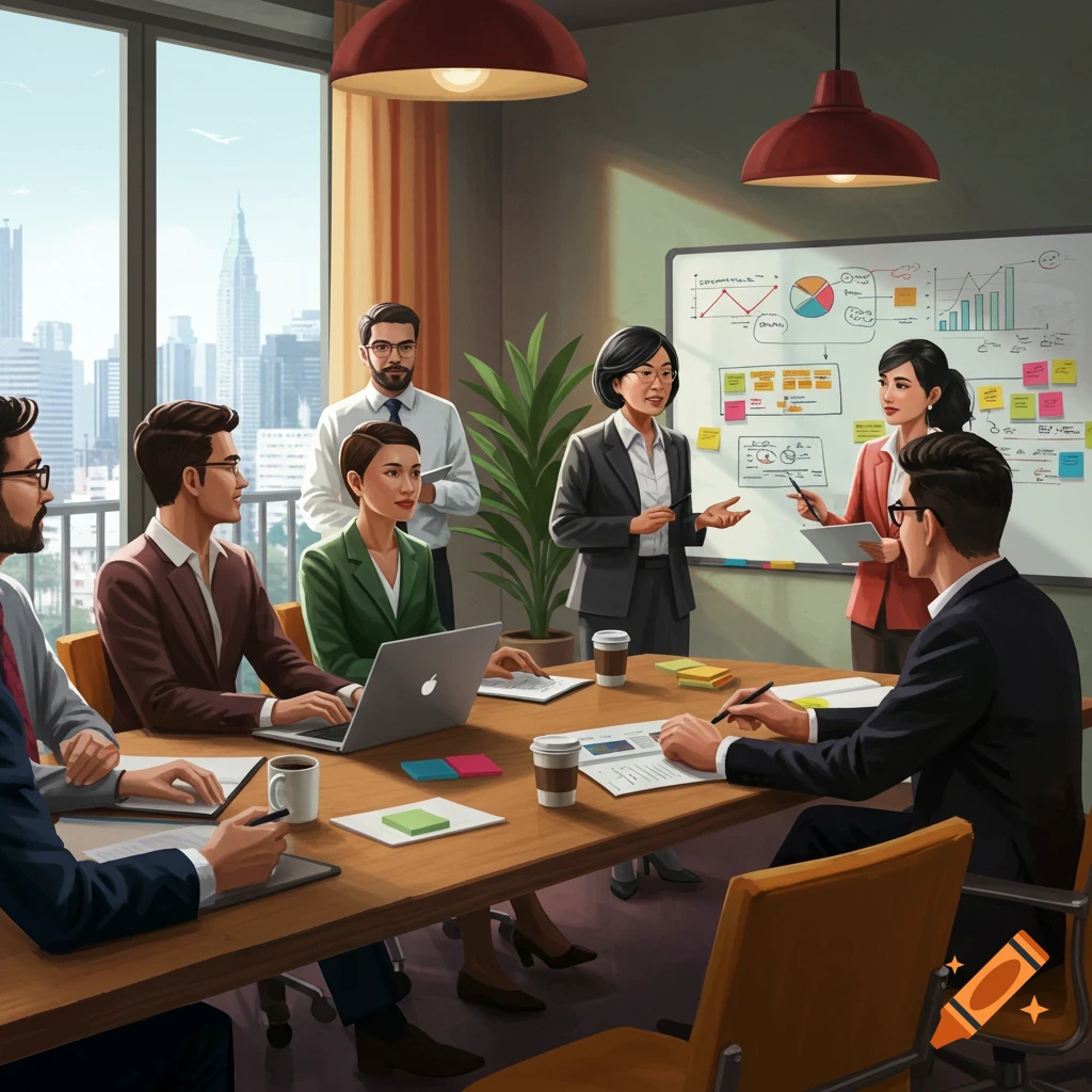 A business meeting in an office with a view of a city
