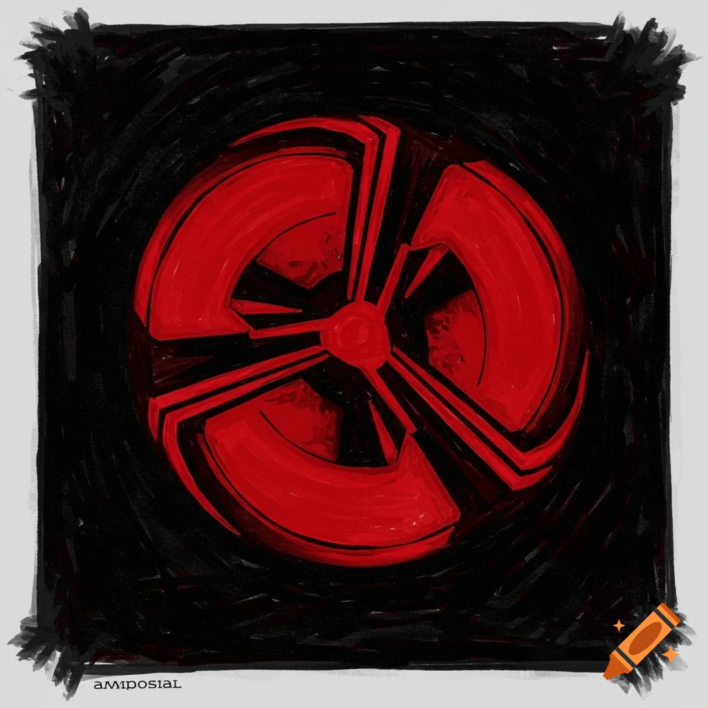 A red triskelion-like symbol on a black background with visible brush strokes.