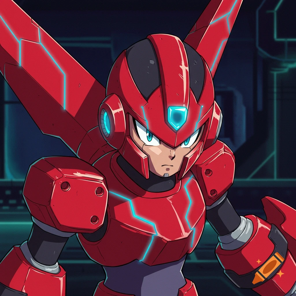 Character resembling Zero from Mega Man ZX in red armor with blue energy lines, anime style.