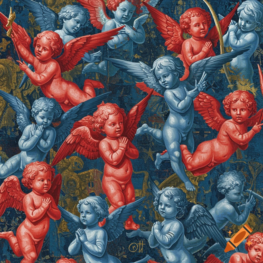 A dense tapestry-like painting of red and blue cherubs with wings on a dark blue and gold background.