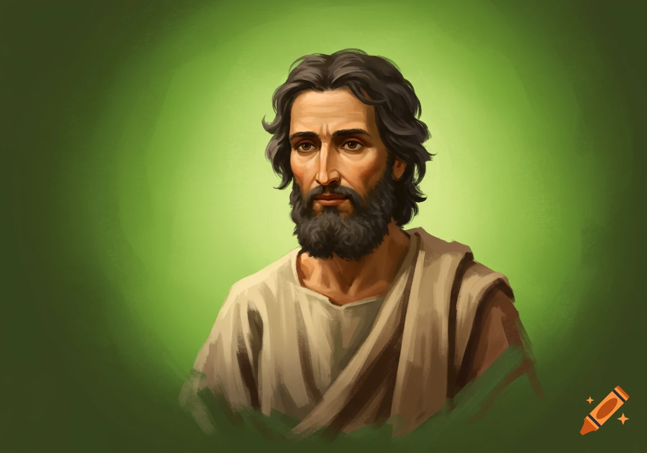 Portrait of a man with a beard and robe against a green background, resembling John the Apostle.